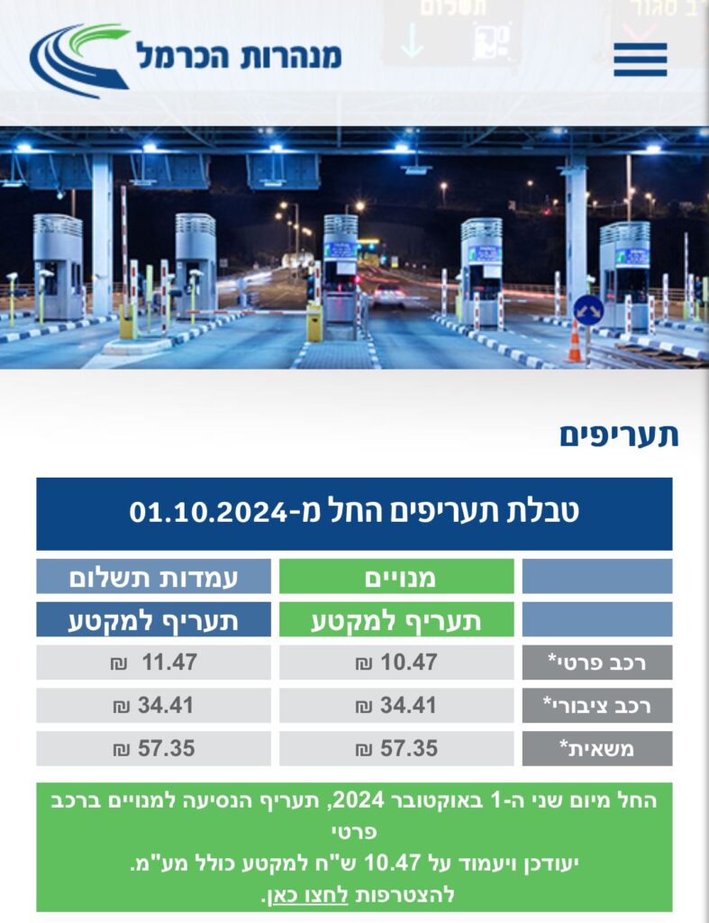 שינוי בתעריפי הנסיעה במנהרות הכרמל החל מ-1 באוקטובר 2024