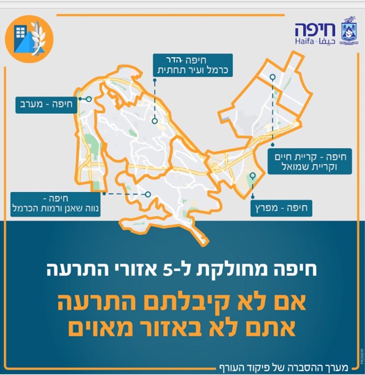 חלוקת חמישה אזורי התרעה בעיר חיפה