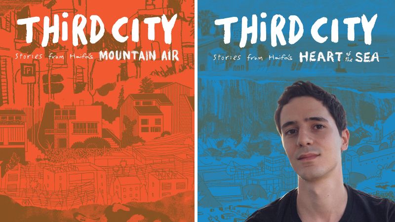 דור כהן על רקע שני הכרכים של "Third City"