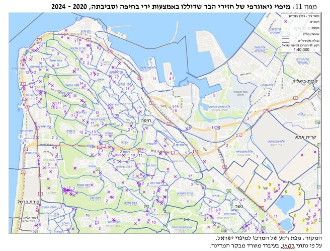 מיפוי גיאוגרפי של חזירי בר שדוללו באמצעות ירי בחיפה 2024-2020