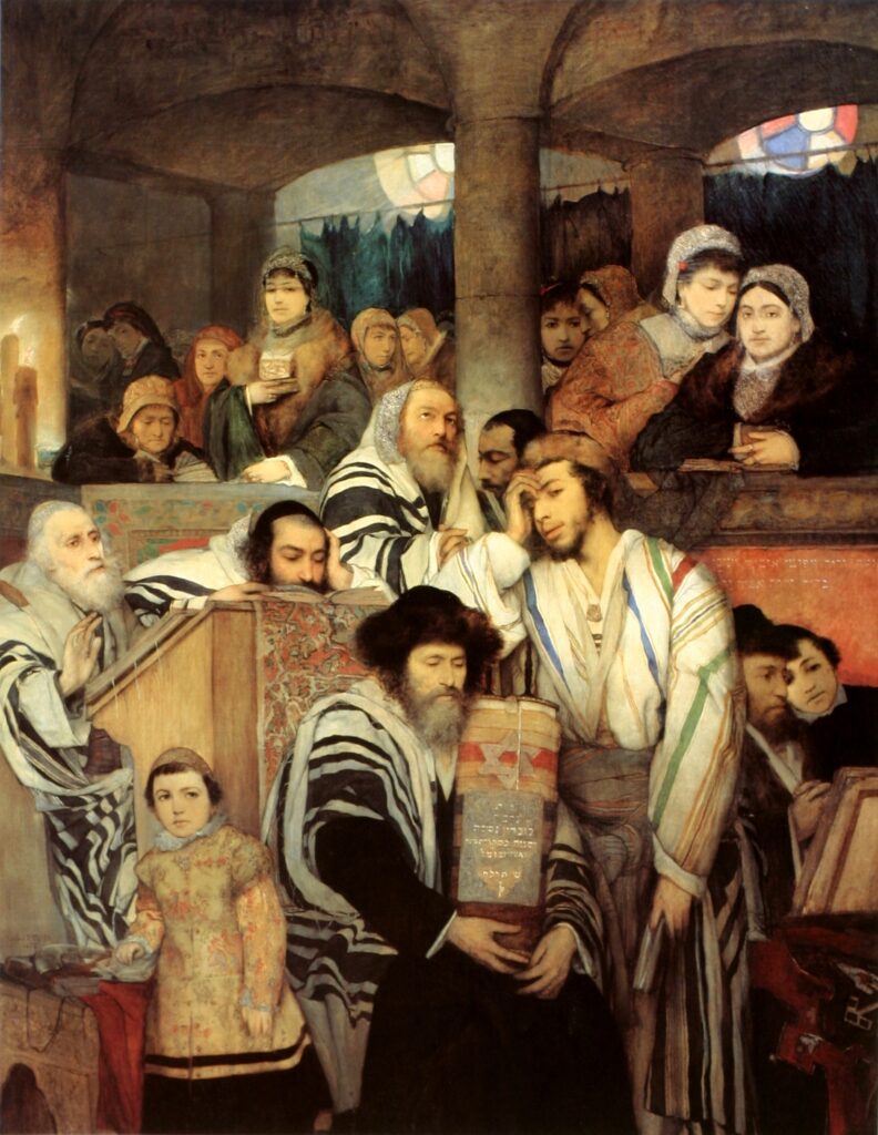 יהודים מתפללים בבית הכנסת ביום הכיפורים (1878), ציור של מאוריצי גוטליב