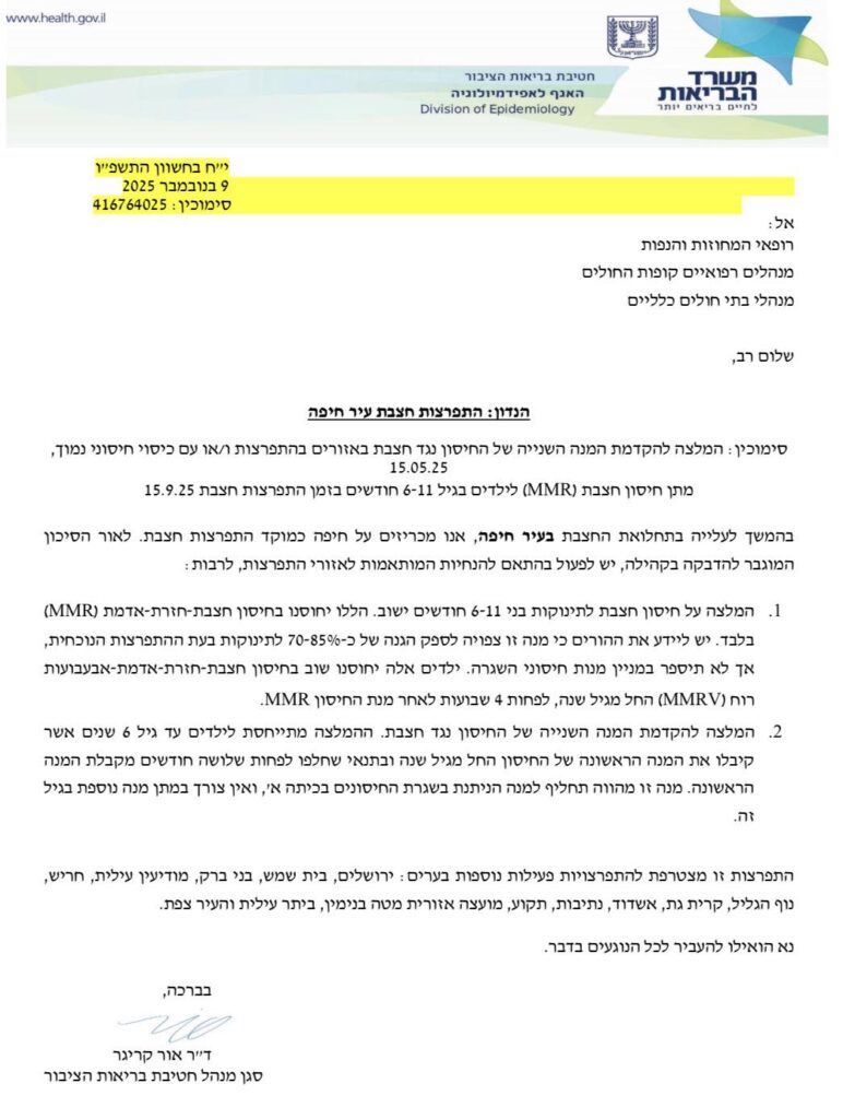 הנחיית משרד הבריאות על התפרצות חצבת בעיר חיפה