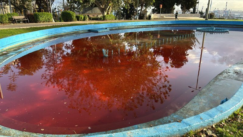 המזרקה צבועה באדום | צילום: דוברות המשטרה