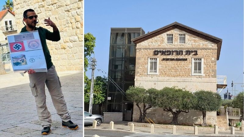מימין: ביתו של פאול שטרובה, מנהל מפעל הסבונים המשפחתי וראש הנוער ההיטלראי בחיפה. משמאל: אמיר בר און בסיור | צילום: אלבום פרטי