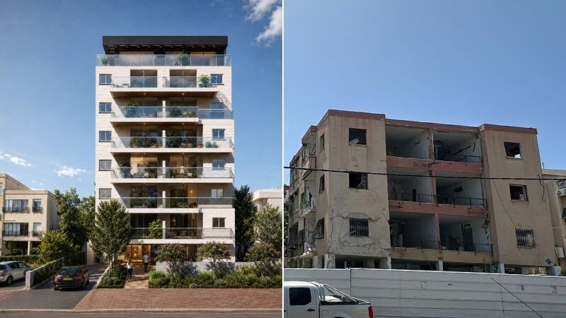הבניין שנפגע ברחוב הגליל והדמיית הבניין החדש | צילום והדמיה: חברת רה ניו